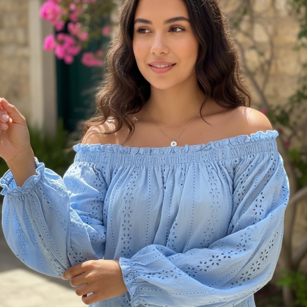 Elegant Blue Off-Shoulder Eyelet Top